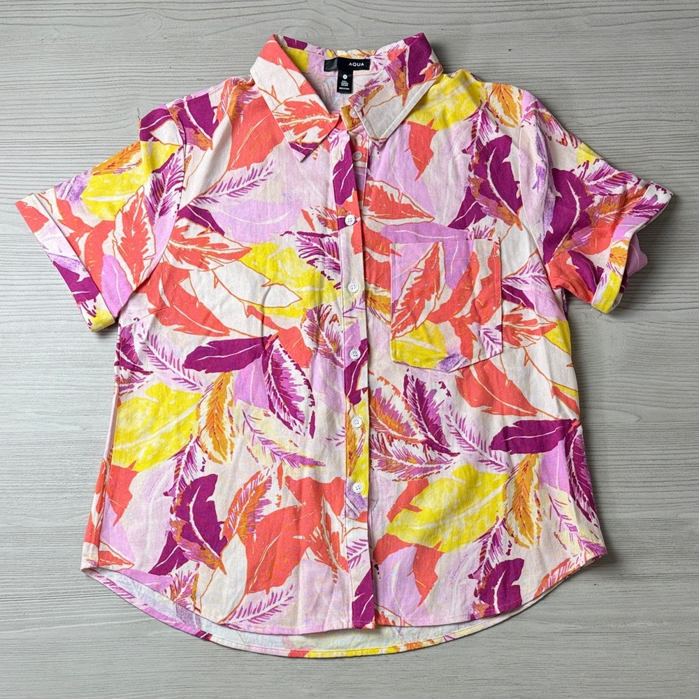 Aqua Colorful Leaf Print Button-Up Shirt